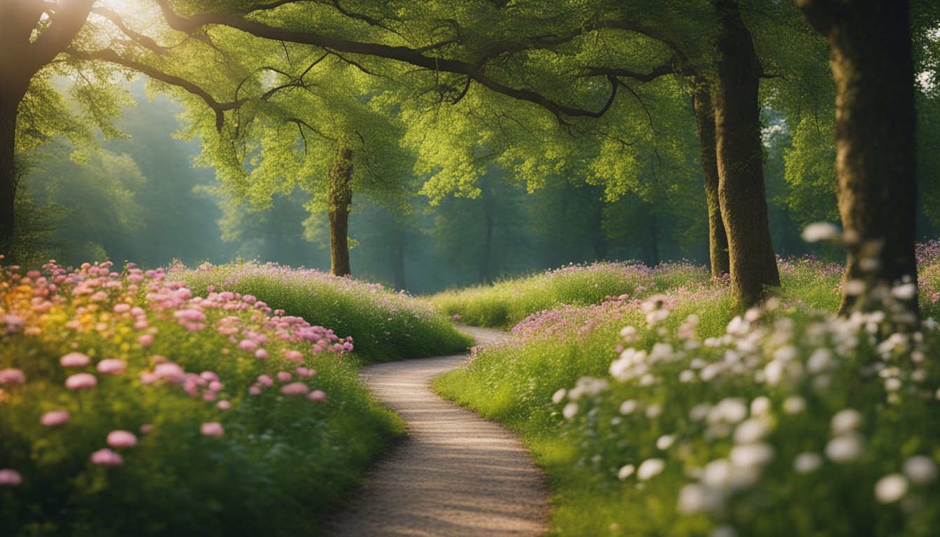 A serene forest clearing with vibrant, blooming flowers and a winding path leading towards a bright, hopeful horizon