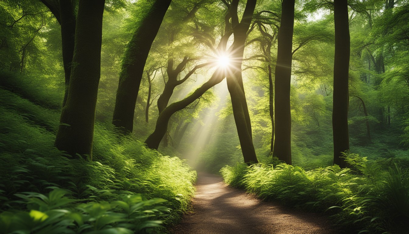 A winding path through a lush forest, with sunlight breaking through the trees, symbolizing the journey of emotional growth in recovery