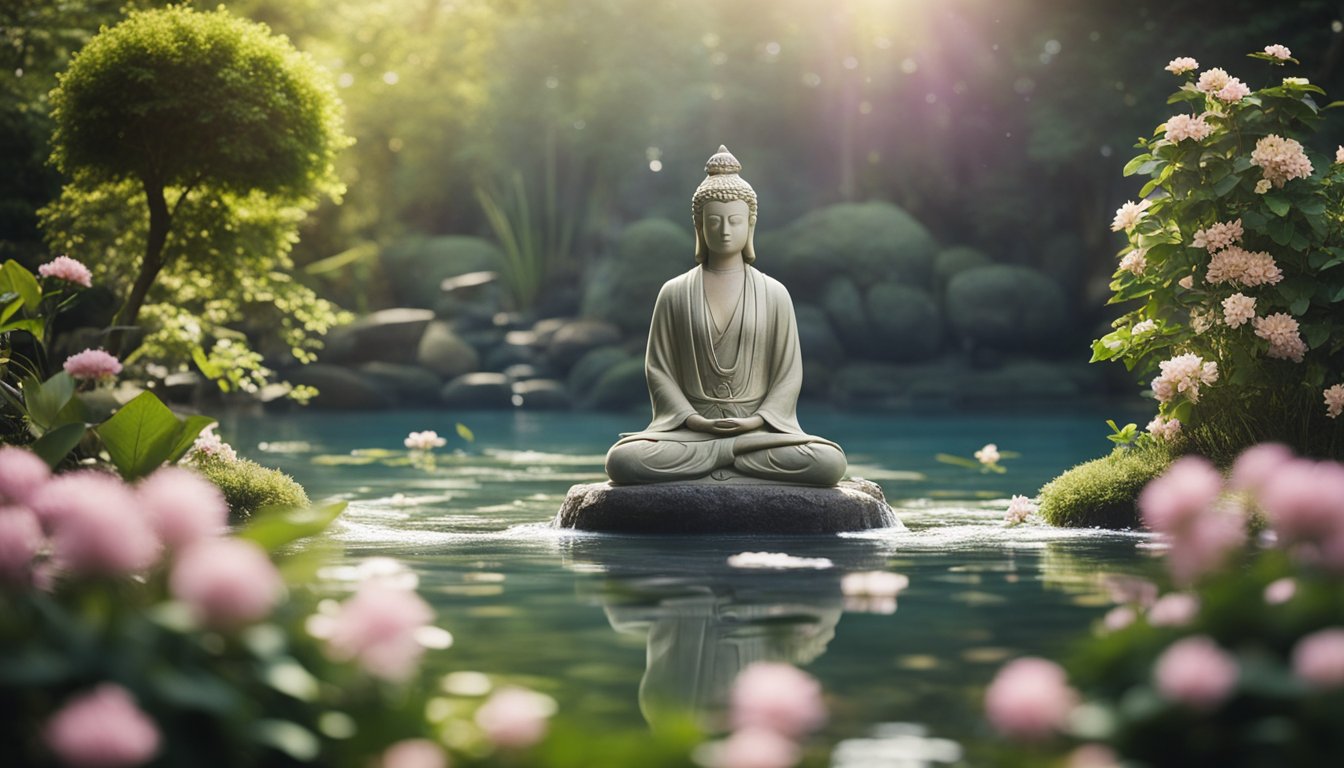 A serene figure meditates in a tranquil garden, surrounded by blooming flowers and flowing water, with a sense of calm and inner peace emanating from the scene