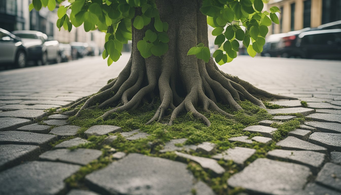 A tree growing out of a cracked concrete sidewalk, with vibrant green leaves and roots breaking through the surface. A symbol of resilience and growth in challenging environments