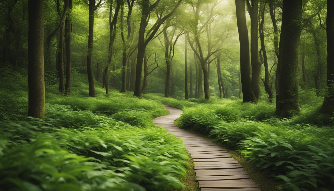 A serene landscape with a winding path leading through a lush forest, symbolizing the journey of mental health recovery and the resilience needed to navigate it