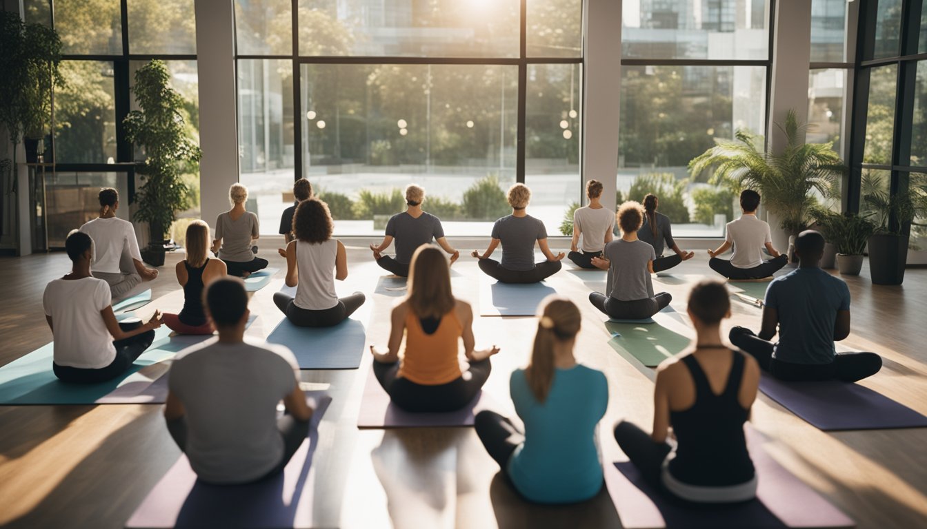 A diverse group of people engaging in various activities, such as yoga, meditation, and support group discussions, surrounded by symbols of strength and growth