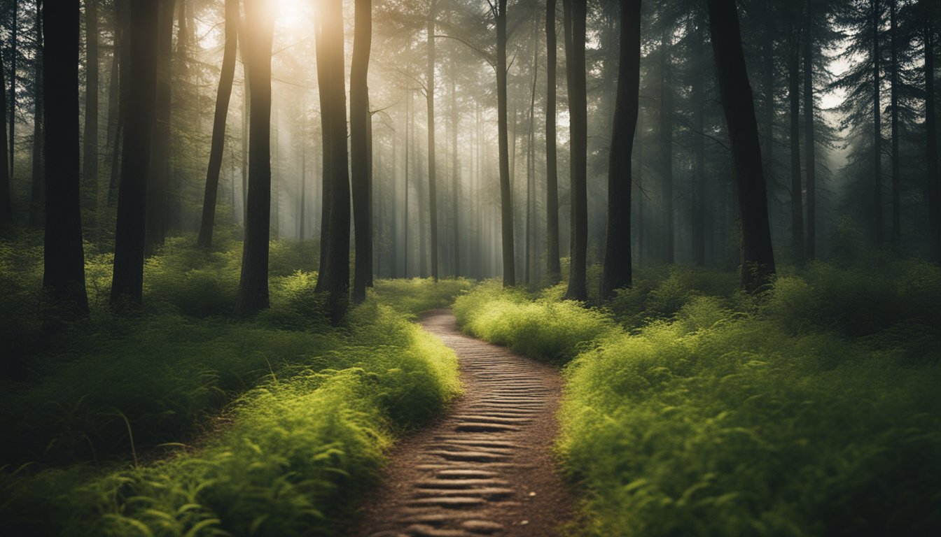 A winding path through a dark forest leads to a bright, open meadow, symbolizing the journey of overcoming mental health barriers