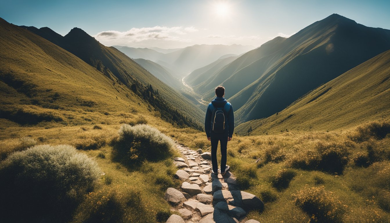 A person standing at the foot of a steep mountain, looking up at a winding path leading to a bright, open sky above