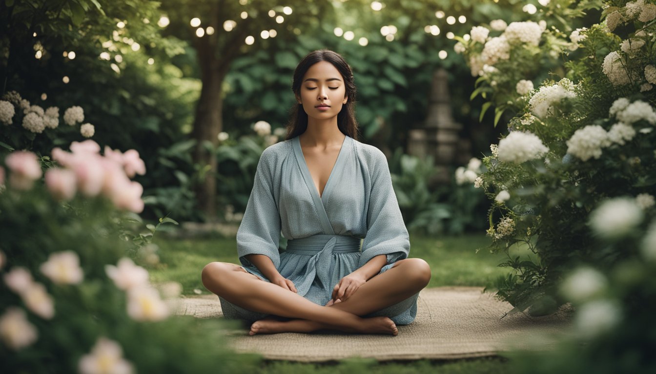 A serene figure sits cross-legged in a tranquil garden, surrounded by blooming flowers and lush greenery. The figure's eyes are closed in deep concentration, exuding a sense of peace and inner calm