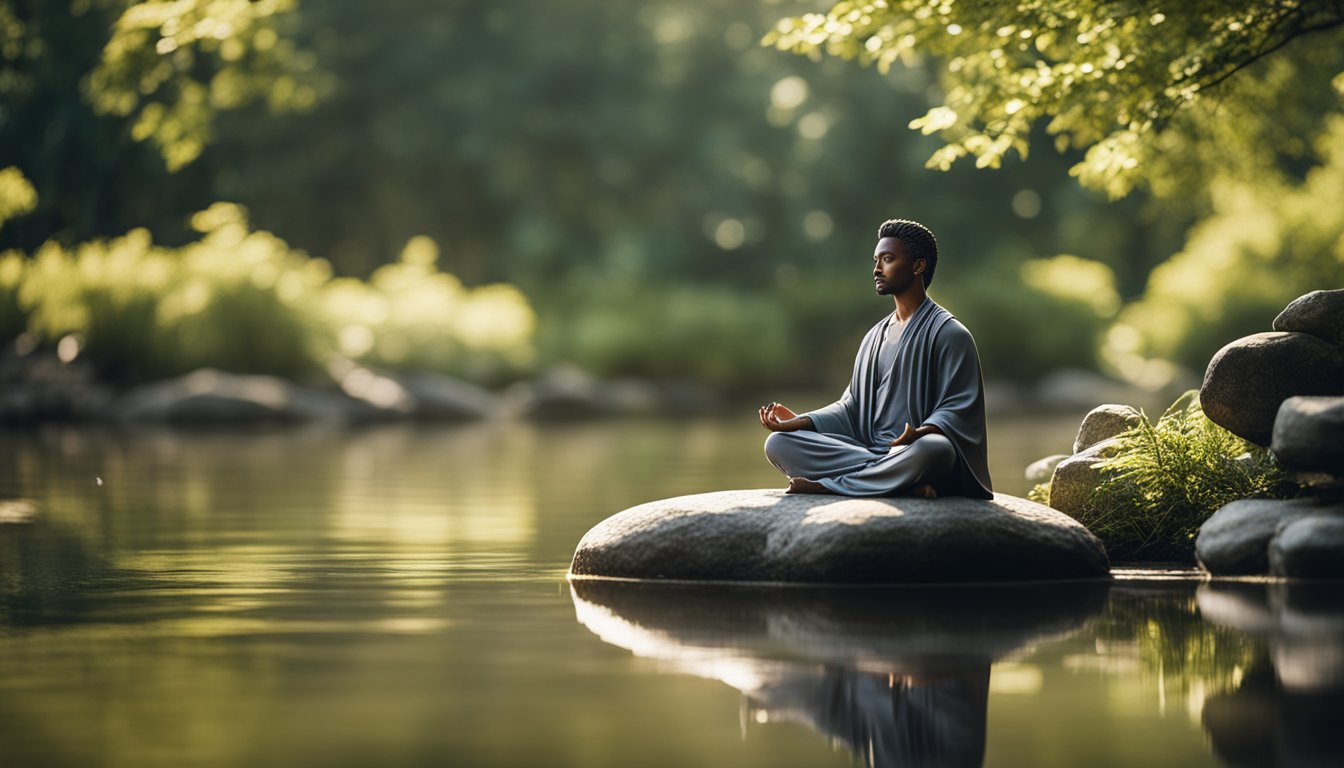 A serene figure meditates in a peaceful natural setting, surrounded by calming elements like water, trees, and gentle sunlight