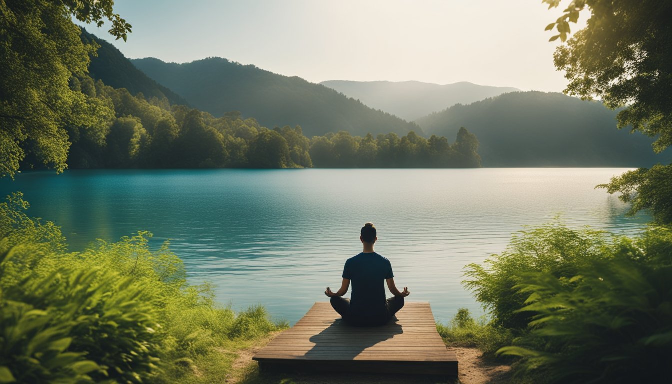 A serene nature scene with a calm lake, lush greenery, and a clear blue sky, with a person meditating or practicing yoga in the distance