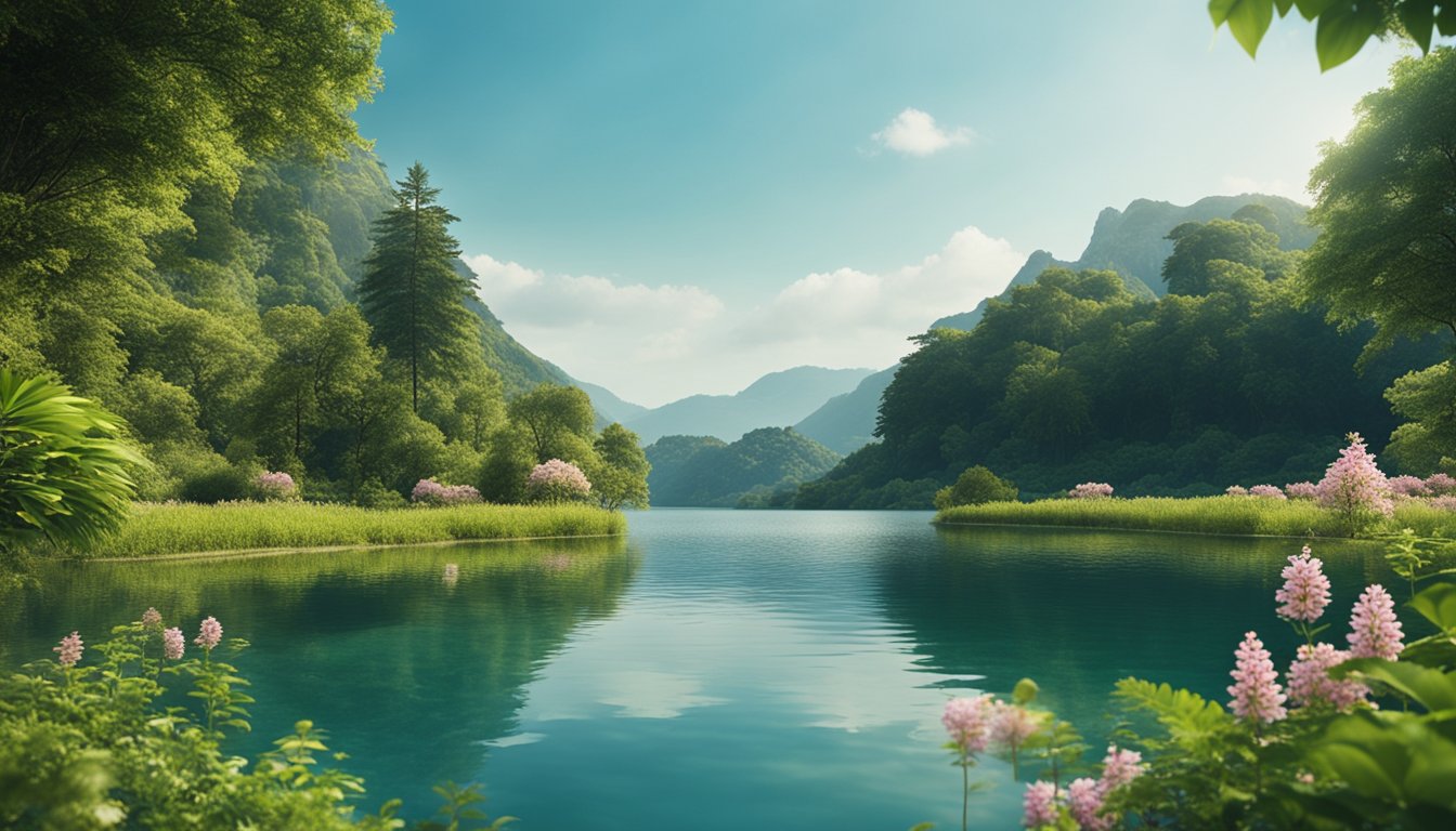 A serene nature scene with a calm body of water, surrounded by lush greenery and blooming flowers, with a clear blue sky above