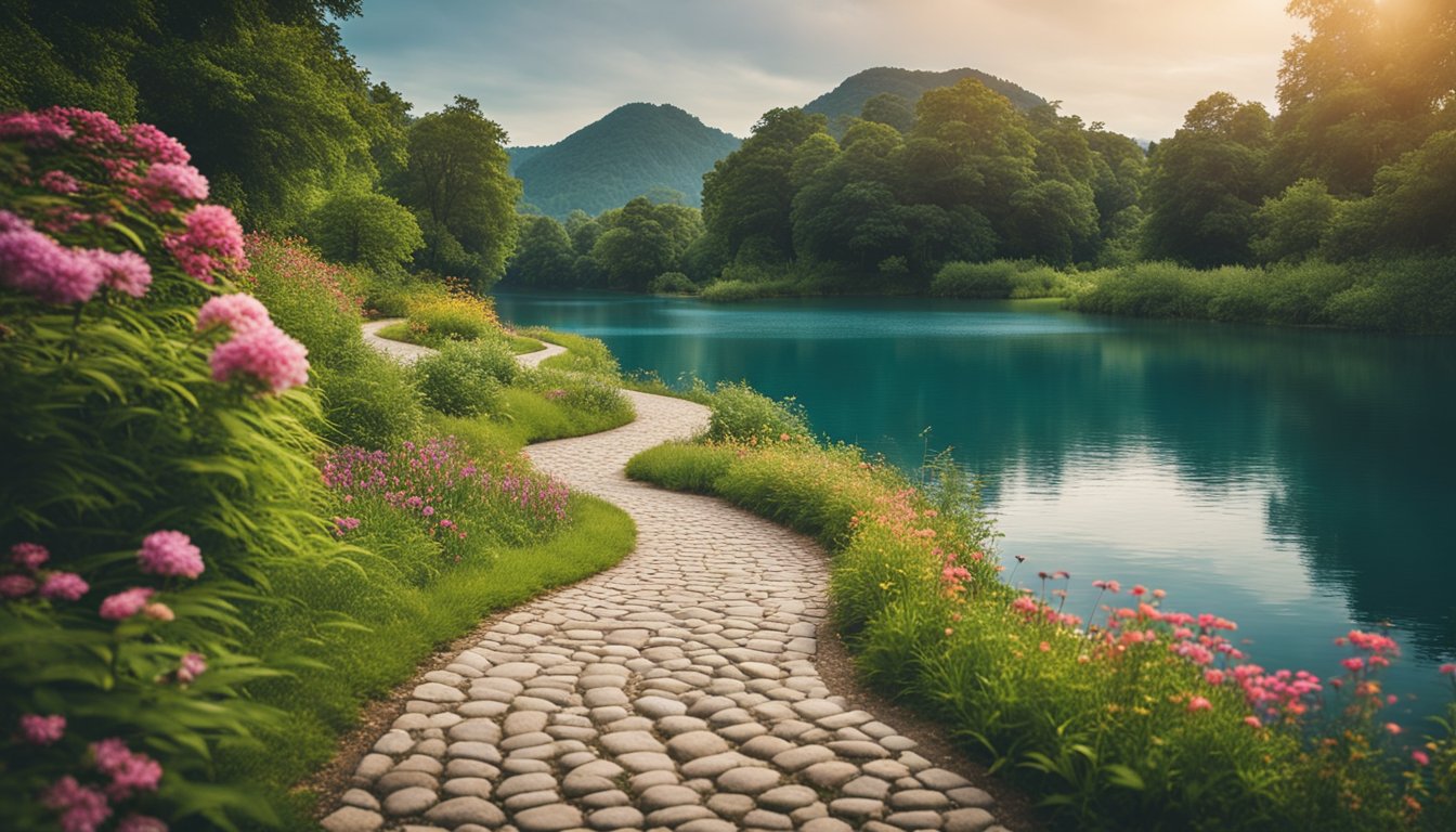 A serene landscape with a winding path leading to a tranquil lake surrounded by lush greenery and colorful flowers. A sense of peace and balance emanates from the scene