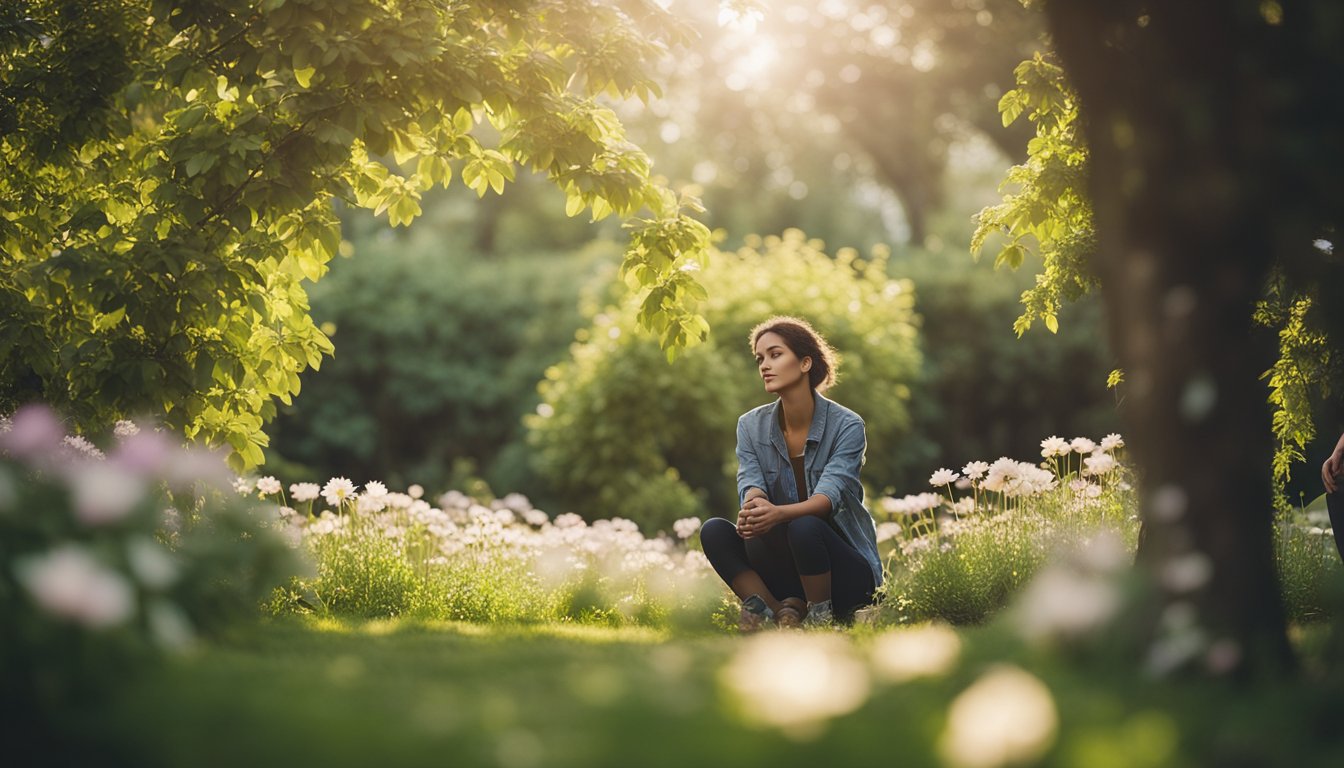 A person sitting in a peaceful garden, surrounded by blooming flowers and lush greenery, with a serene expression on their face