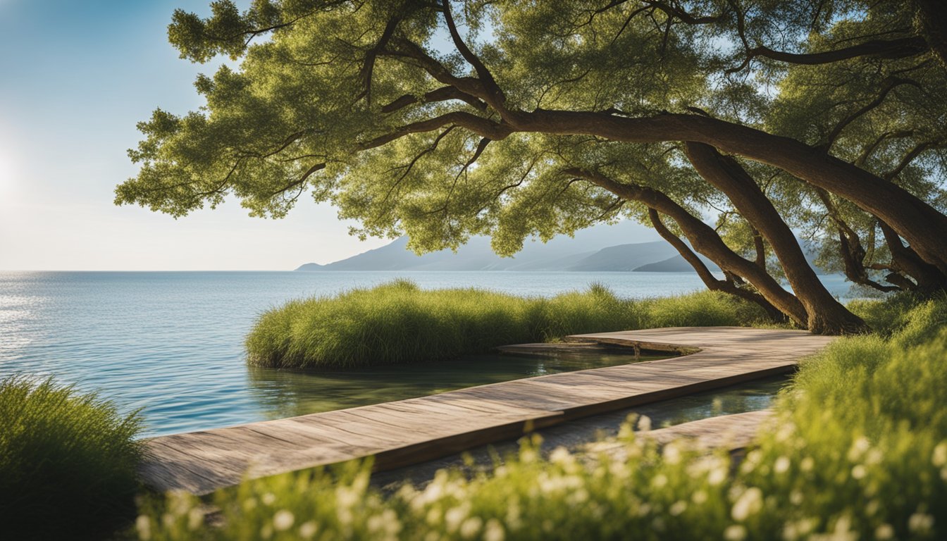 A serene natural setting with a gentle breeze, a calm body of water, and a clear blue sky, evoking a sense of peace and tranquility