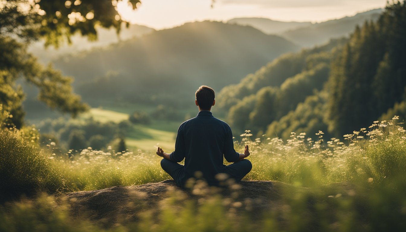 A serene landscape with a person meditating, surrounded by nature and a sense of peace and tranquility