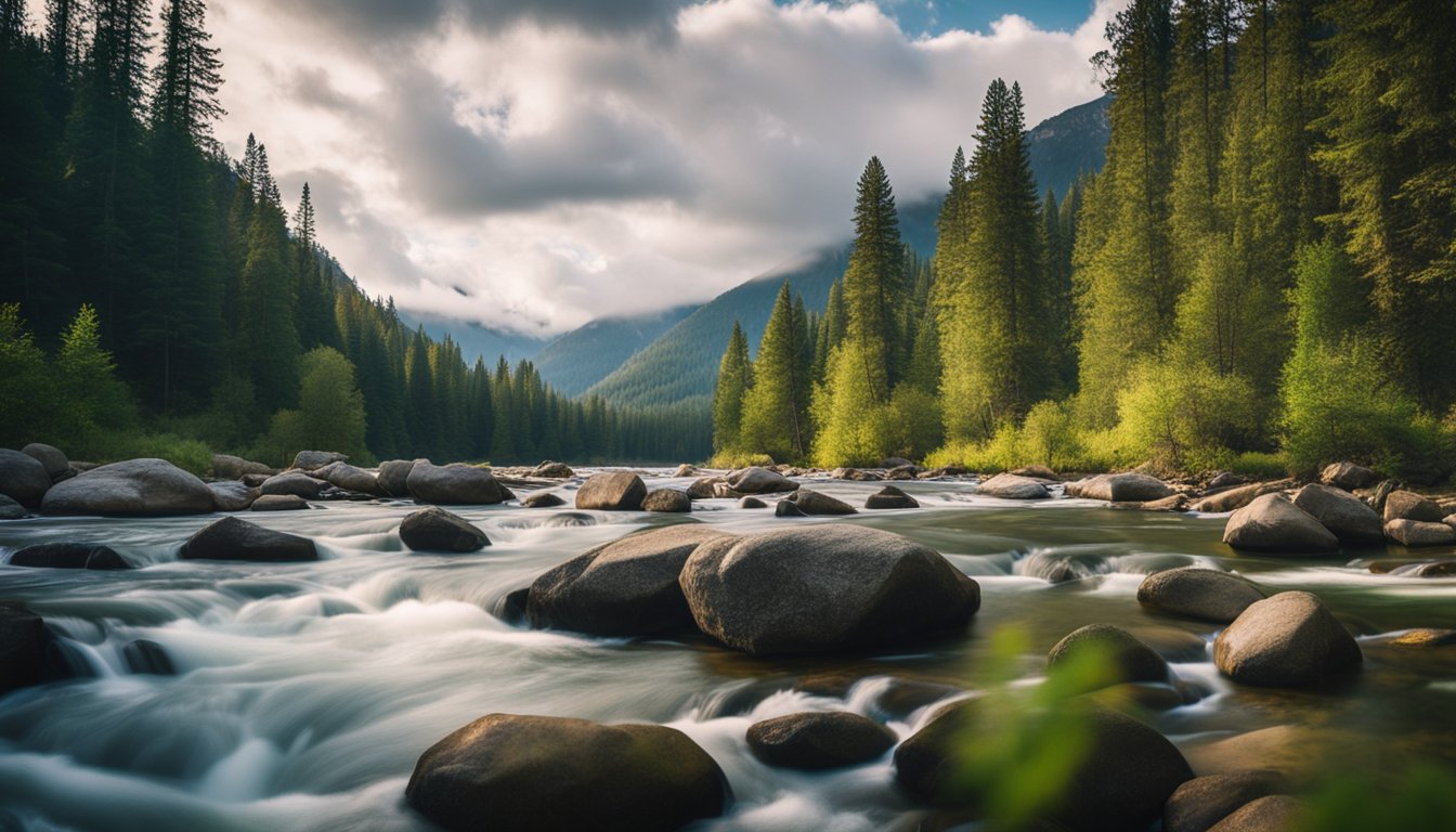 A tranquil nature scene with a serene forest, flowing river, and vibrant wildlife, showcasing the integration of eco-friendly practices in addiction recovery