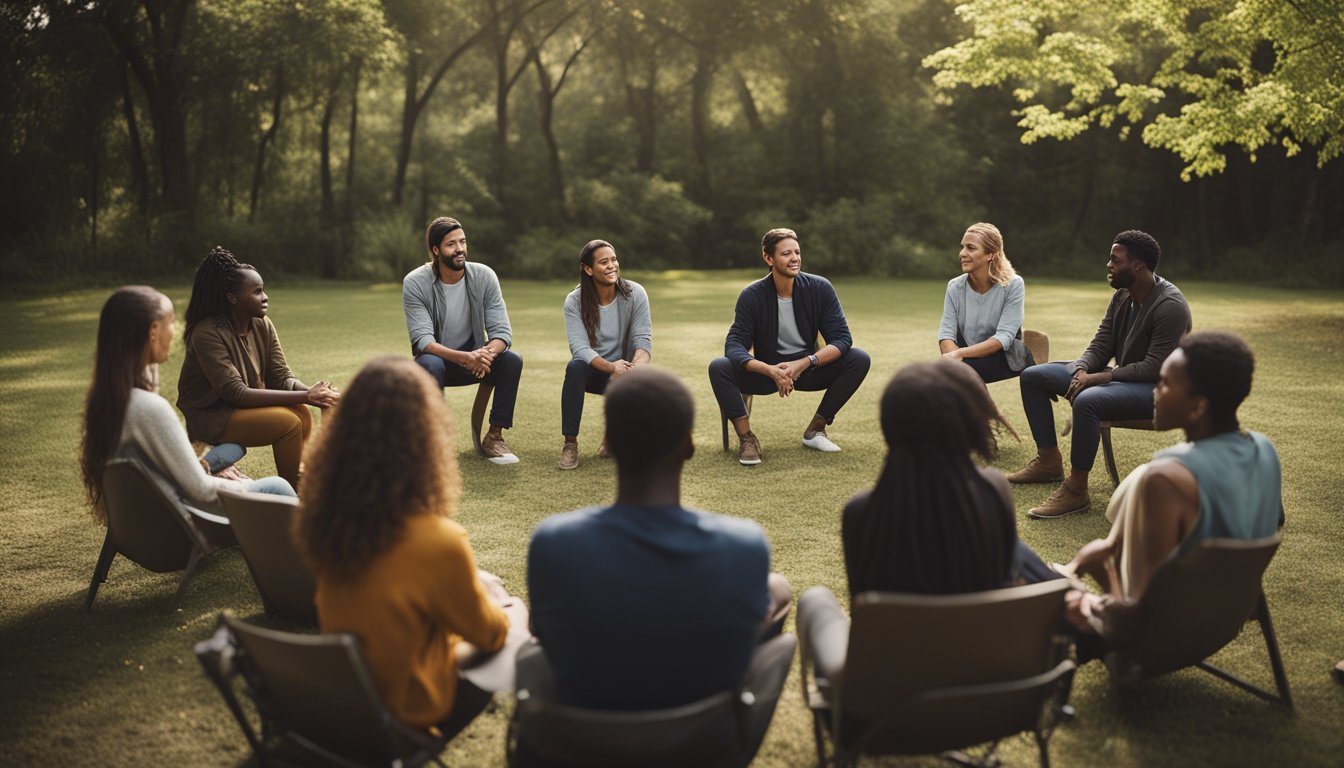 A group of diverse individuals gather in a circle, surrounded by nature. They engage in discussions and activities focused on sustainable living and eco-friendly practices in addiction recovery