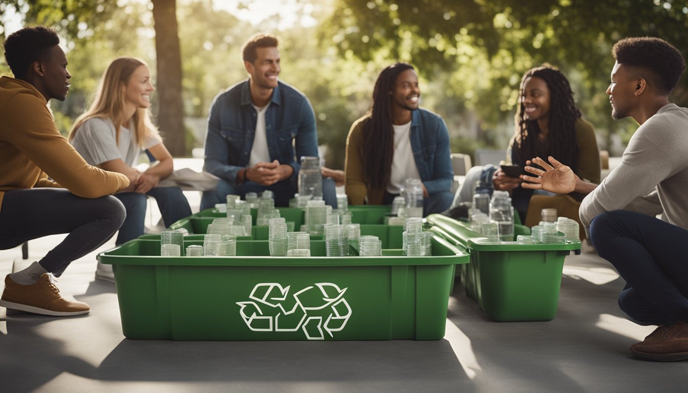 A group of diverse individuals gather around a table, discussing eco-friendly practices in addiction recovery. Recycling bins and sustainable materials are visible in the background