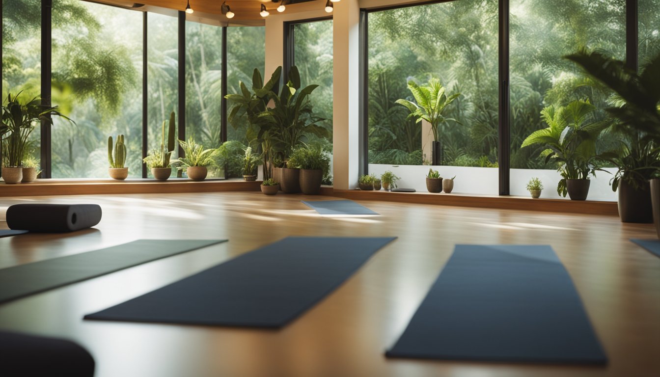 A serene yoga studio with soft lighting and peaceful music, surrounded by lush greenery and natural elements