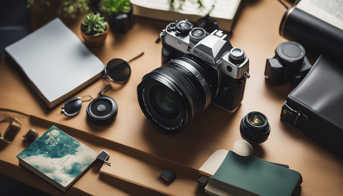 A camera sitting on a table, surrounded by various objects symbolizing growth and progress, such as plants, books, and art supplies