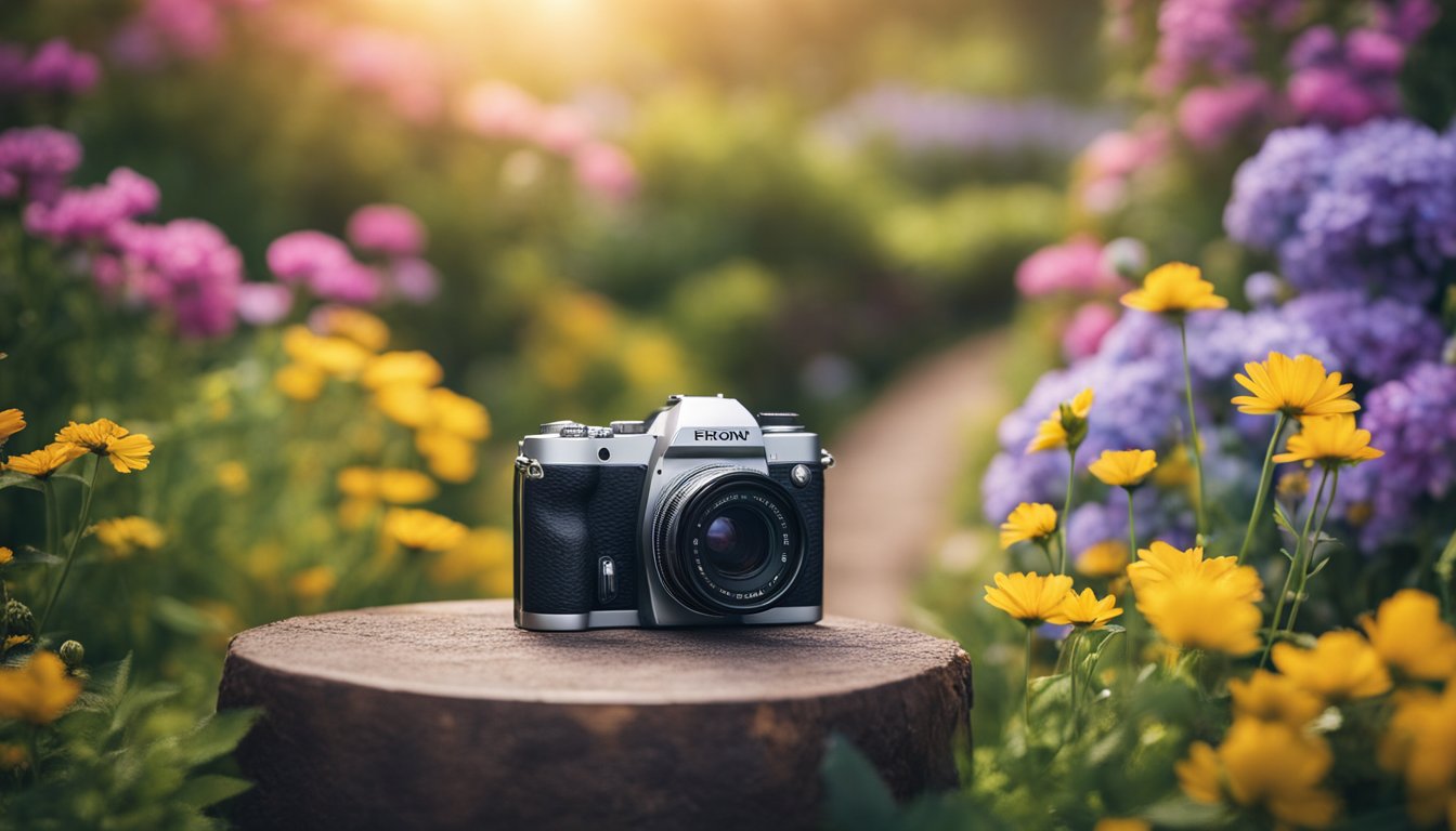 A camera, surrounded by vibrant flowers and a winding path leading into the distance, symbolizing the journey of recovery through photography