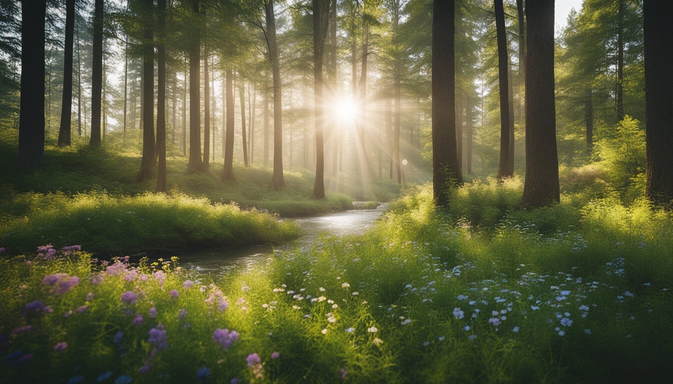 A serene forest with sunlight filtering through the trees, a winding river, and colorful wildflowers blooming, creating a peaceful and calming atmosphere