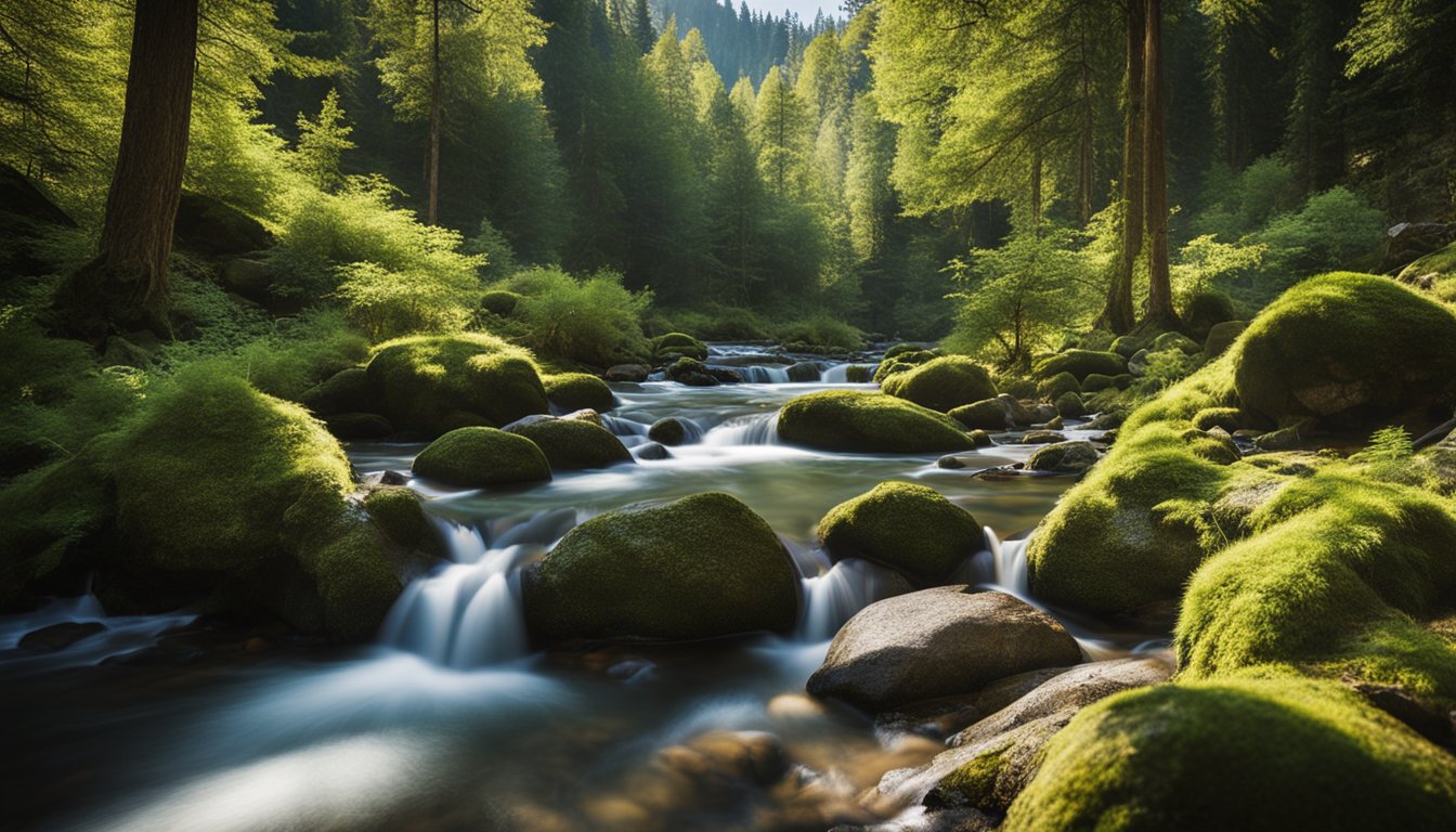 A serene forest with dappled sunlight, a flowing stream, and vibrant wildlife, surrounded by mountains and a clear blue sky