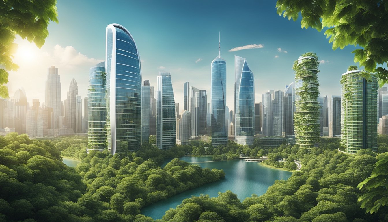 A bustling city skyline with eco-friendly buildings and renewable energy sources, surrounded by lush greenery and clean waterways