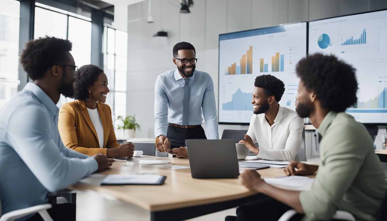 A group of diverse individuals discussing sustainable recovery practices in a modern, bright office setting with charts and graphs on the walls