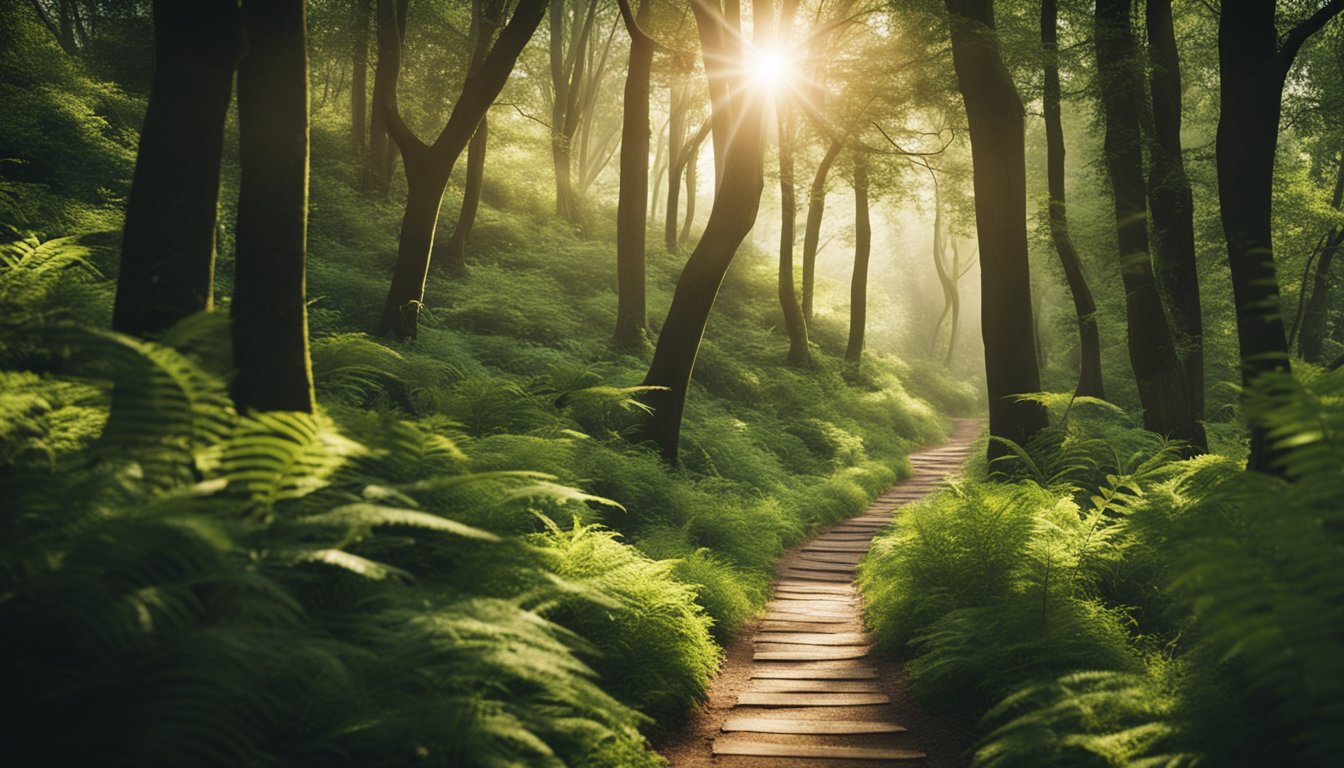 A serene landscape with a winding path leading through a lush, tranquil forest, with sunlight streaming through the trees and birds flying overhead