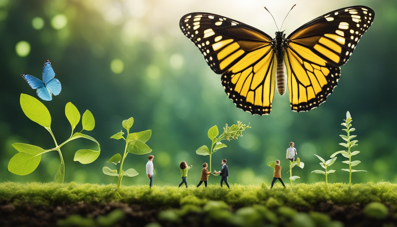 A person surrounded by various symbols of change - a caterpillar transforming into a butterfly, a seed sprouting into a plant, and a person exercising