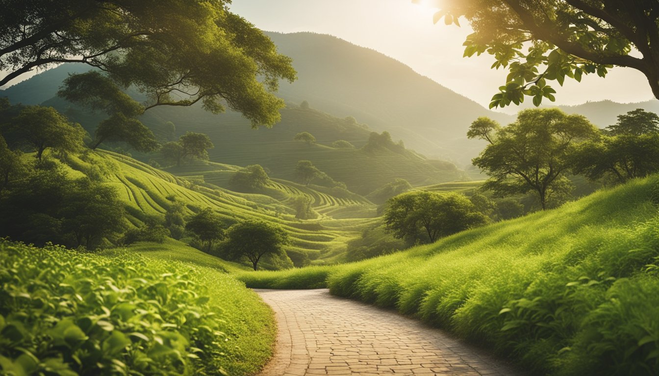 A serene landscape with a winding path leading towards a bright, hopeful horizon, surrounded by lush greenery and calming natural elements