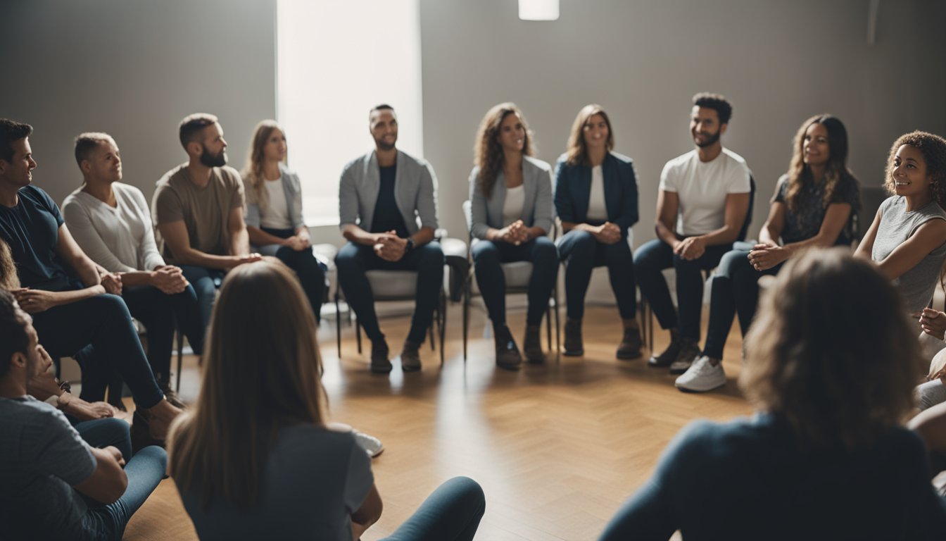 A person sitting in a circle surrounded by others, raising their hand to ask a question during a support group meeting on overcoming anxiety during addiction recovery