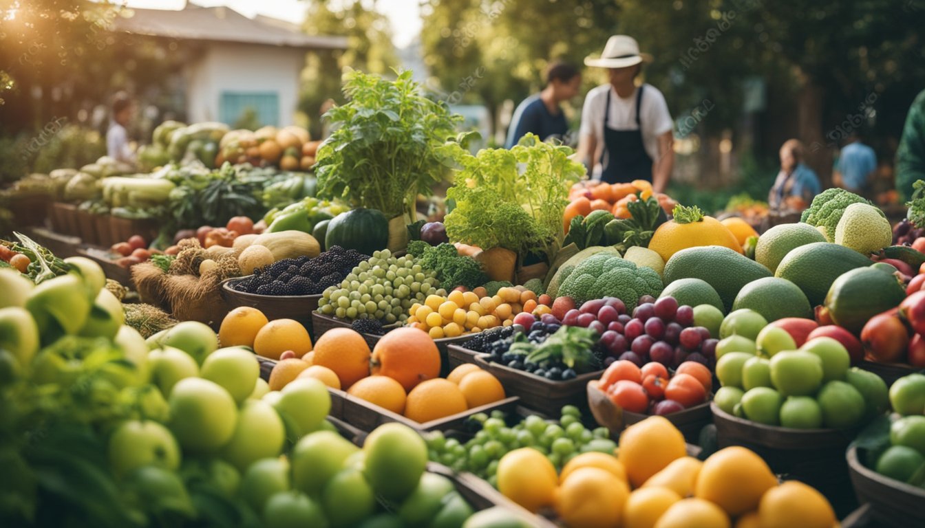 A vibrant garden filled with a variety of colorful fruits, vegetables, and grains, surrounded by clean air and a diverse community of people and animals