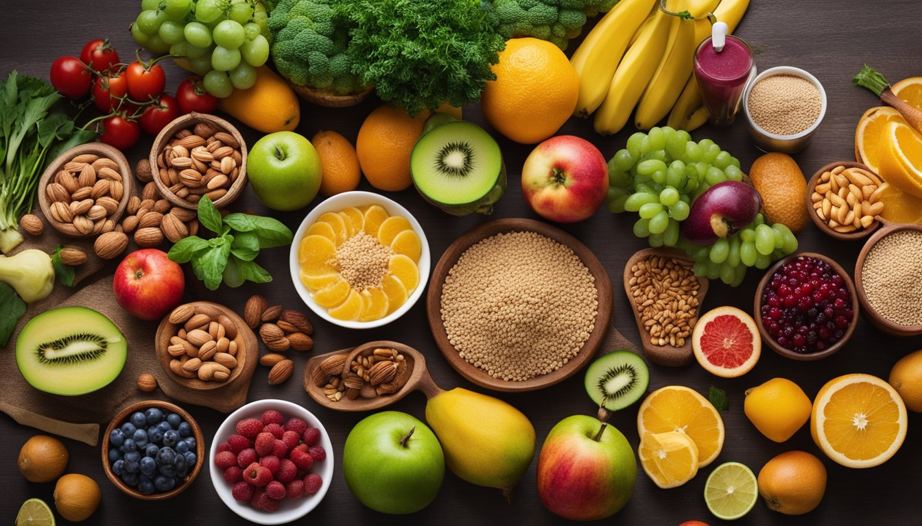 A colorful array of fresh fruits, vegetables, nuts, and grains arranged on a table, with a variety of plant-based dishes and smoothies surrounding them