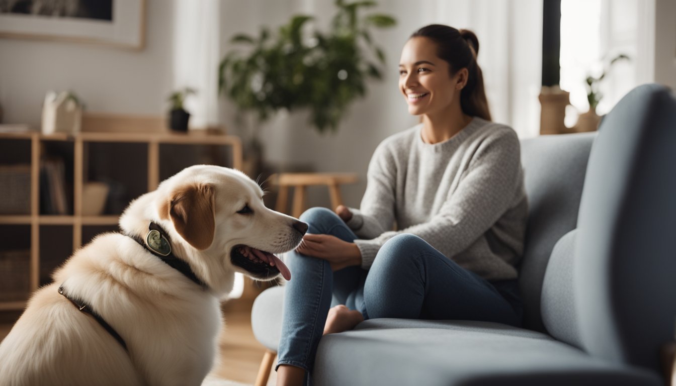 A person in recovery sits on a comfortable chair, surrounded by gentle therapy animals. The person is smiling and petting a calm dog while a friendly cat sits nearby