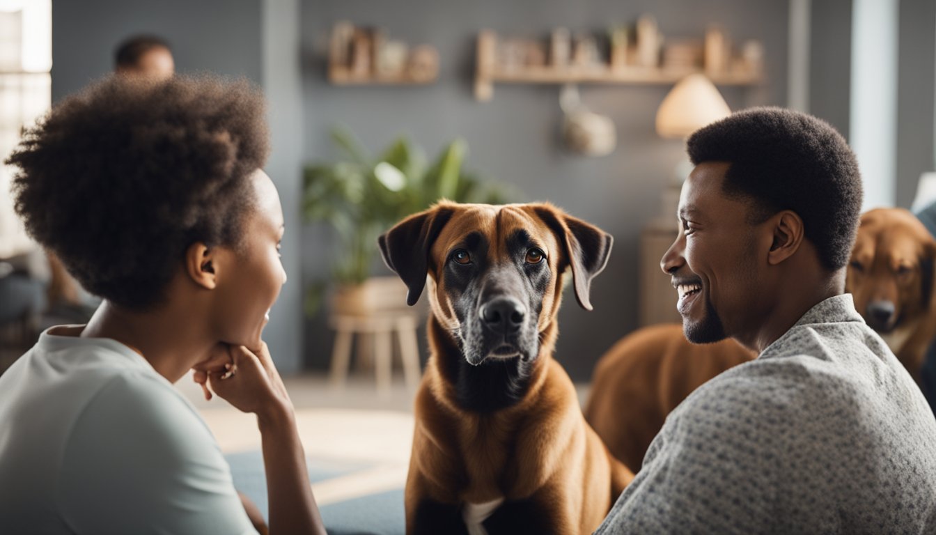 A group of diverse animals interacting with individuals in a therapy setting, conveying comfort and support through their presence