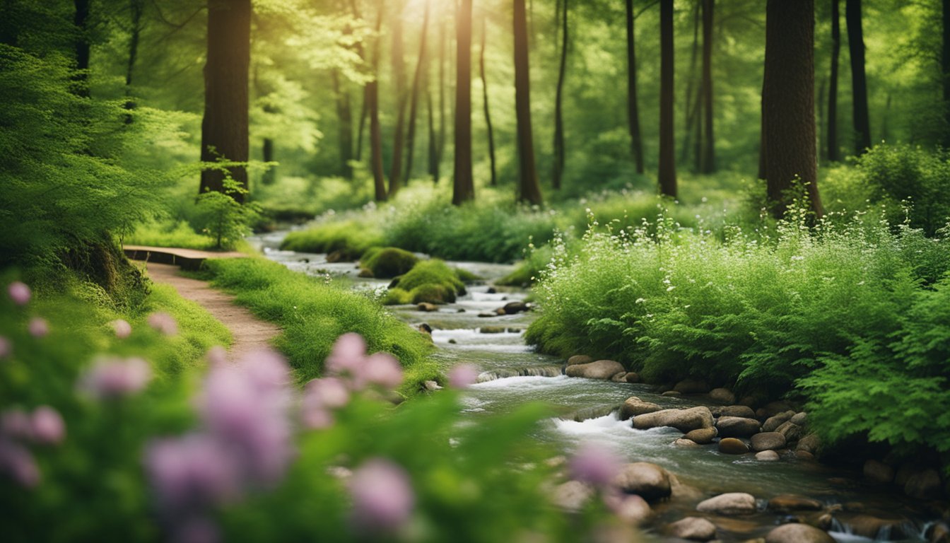 A serene forest clearing with a winding path, surrounded by lush greenery and blooming flowers, with a gentle stream flowing through the scene