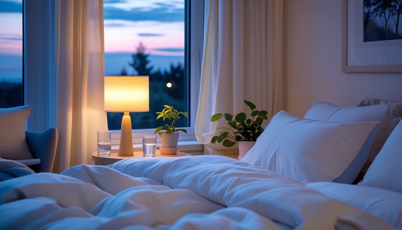 A tidy bedroom with a made bed, soft lighting from a bedside lamp, a small plant on the table, and a window showing a calm evening sky.