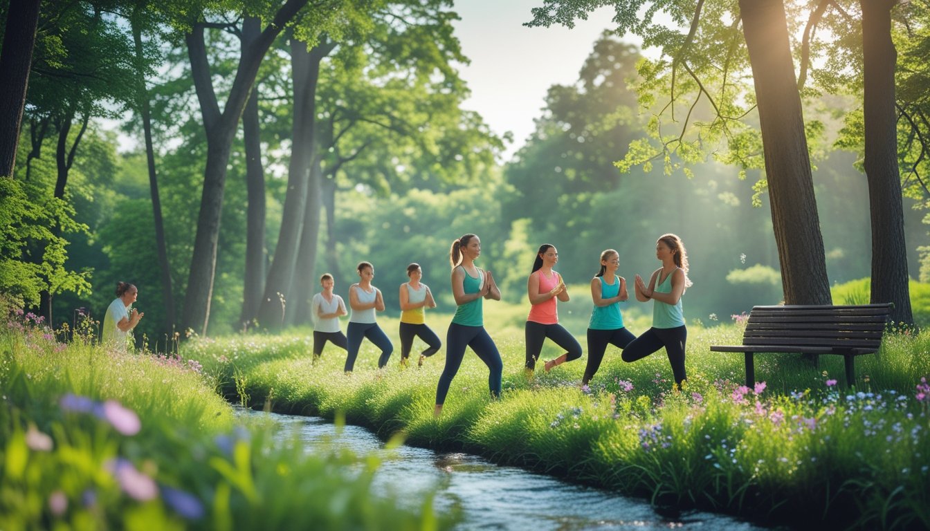 People practicing meditation and yoga in a peaceful green forest with sunlight filtering through the trees.