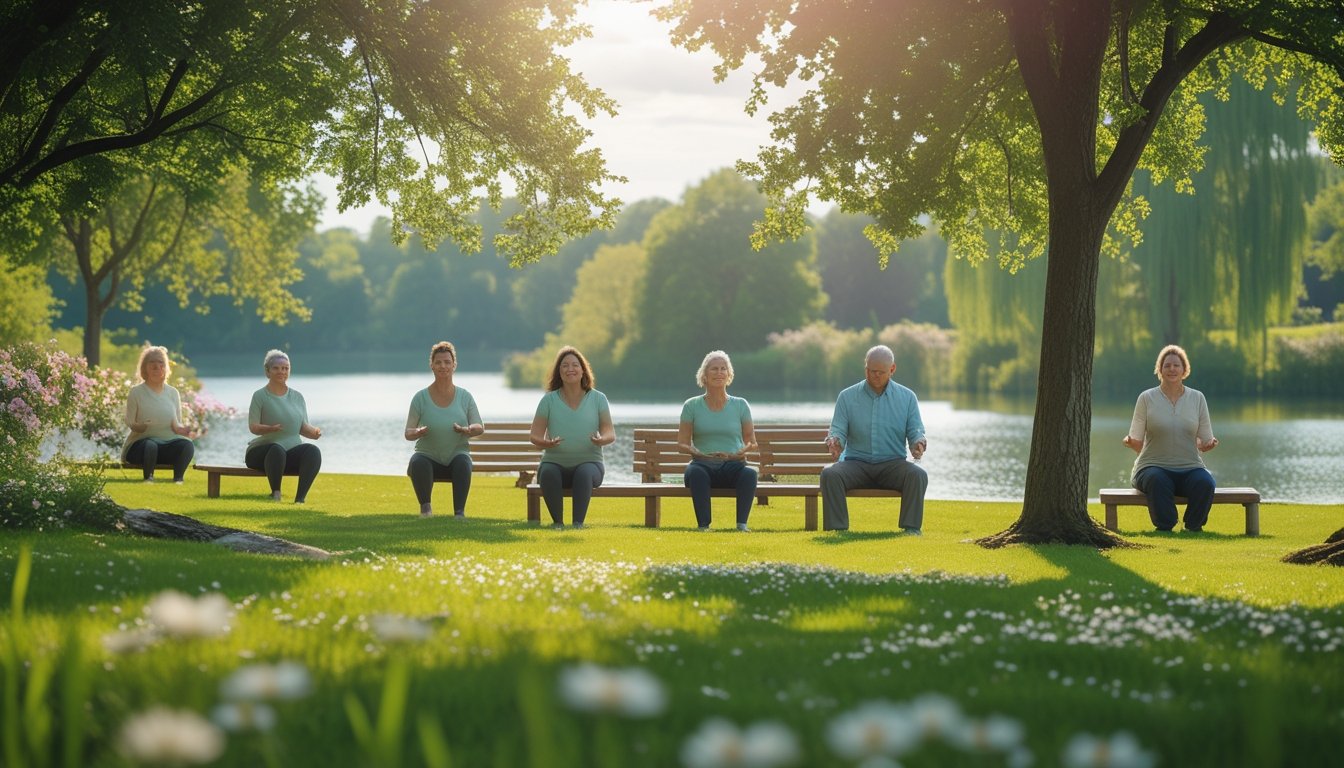 People enjoying a peaceful outdoor park surrounded by trees and flowers, engaging in relaxing activities near a calm lake.