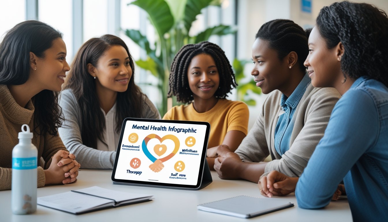 A diverse group of people having a supportive discussion in a bright office with a digital tablet displaying mental health icons, surrounded by plants and notebooks.
