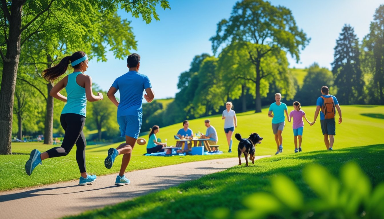People enjoying outdoor activities in a park, including jogging, picnicking, playing, and hiking on a sunny day.