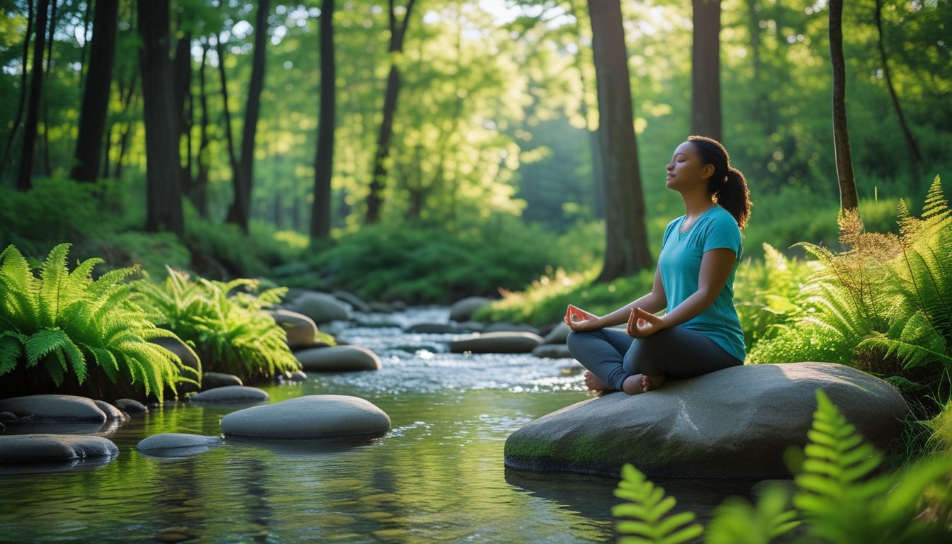 A person sitting peacefully by a stream in a sunlit forest surrounded by trees and plants.