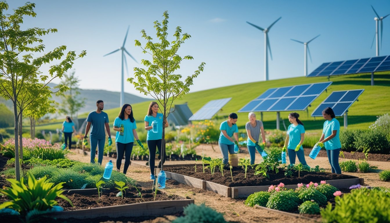 A group of people planting trees and gardening outdoors with solar panels and wind turbines in the background under a clear blue sky.