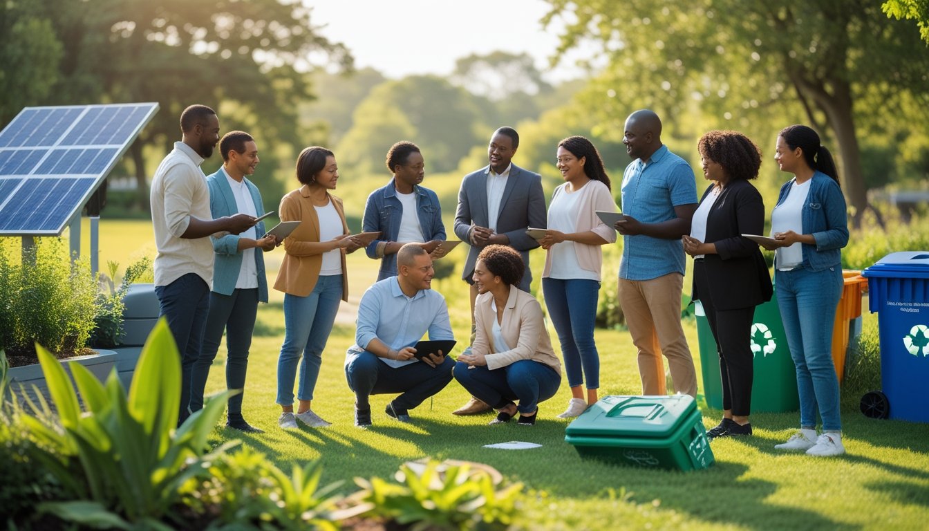 A diverse group of people discussing eco-friendly practices outdoors surrounded by plants and sustainable elements.