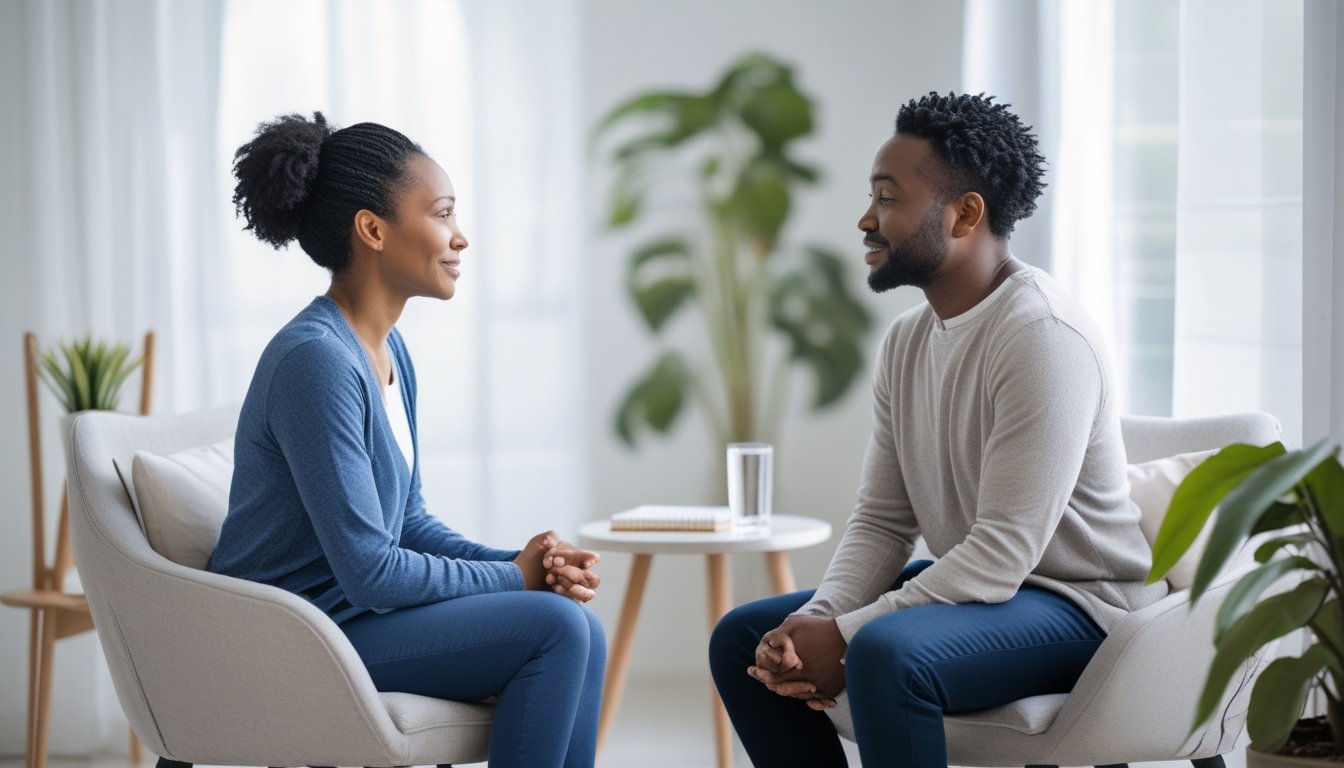 Two adults sitting face to face in a calm room, one listening attentively while the other speaks, showing a supportive and understanding interaction.