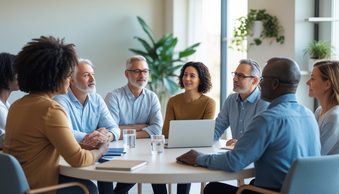 A group of adults attentively listening and engaging in a supportive discussion around a table in a bright, calm room.