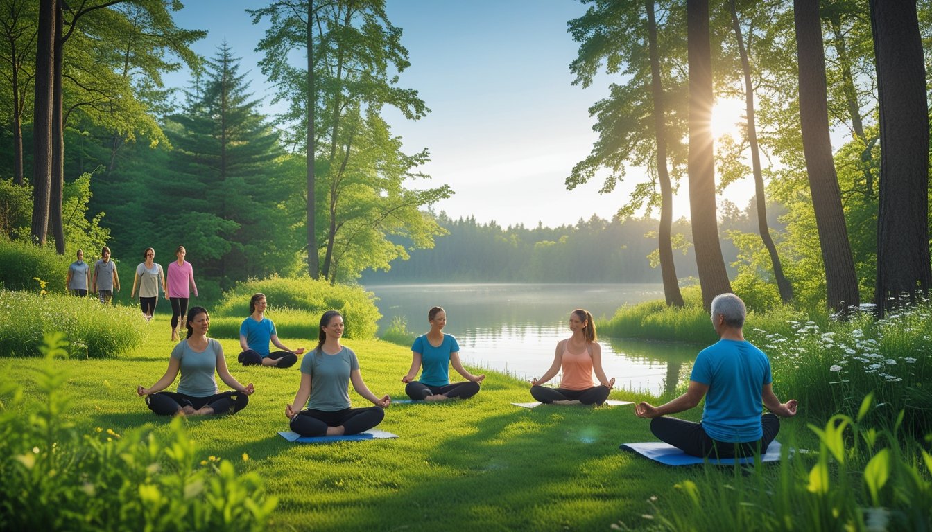 People engaging in peaceful outdoor activities like walking, meditating, and sitting by a lake in a green forest setting on a sunny day.
