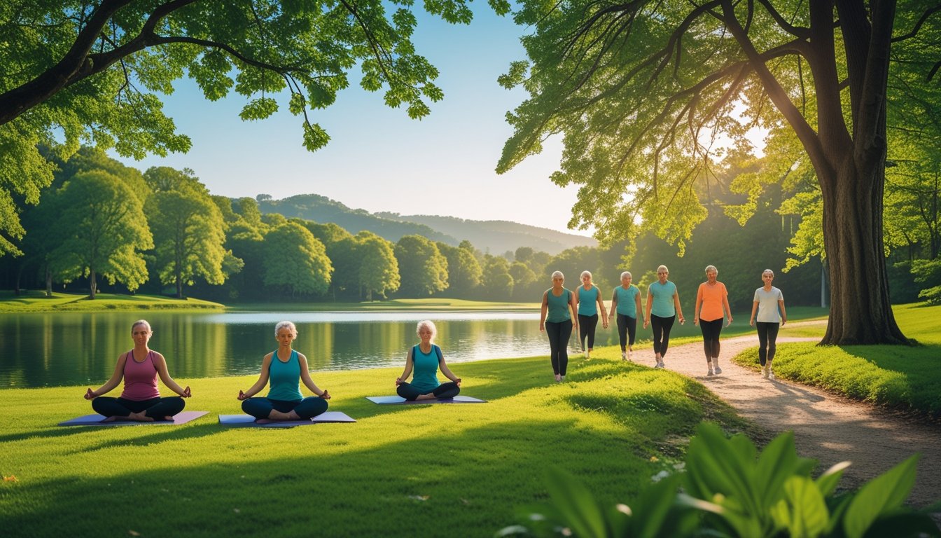 People practising yoga, meditating, and walking in a green park surrounded by trees and a lake on a sunny day.