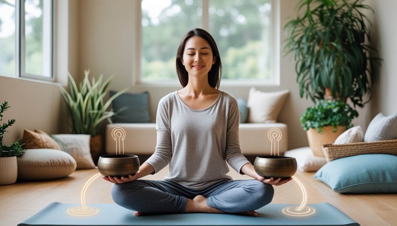 A person sitting cross-legged in a calm therapy room holding Tibetan singing bowls, surrounded by plants and soft natural light.