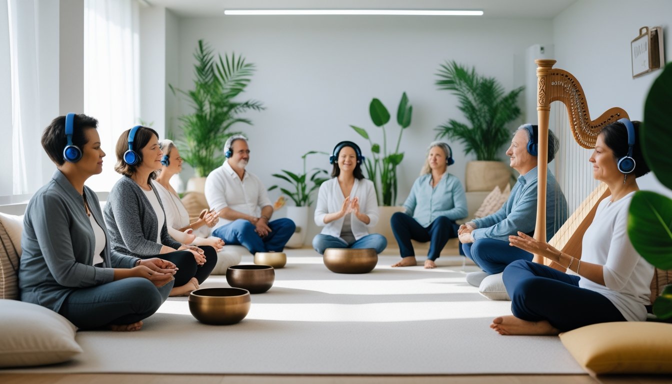 A group of adults in a bright therapy room engaging in sound therapy, with a therapist playing a singing bowl and participants wearing headphones or holding tuning forks, all appearing calm and relaxed.