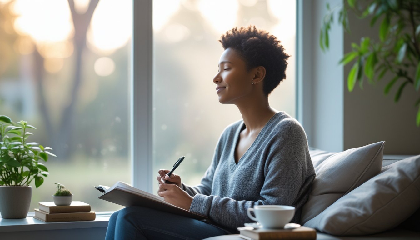 A person sitting by a window, writing in a journal with a calm and thoughtful expression, surrounded by a plant, tea cup, and books.
